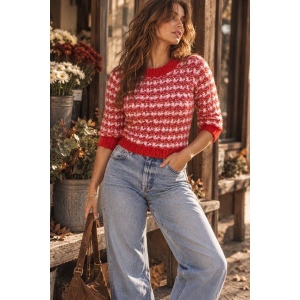 Ann Taylor Red Pink Textured Short Sleeve Knit Sweater Small